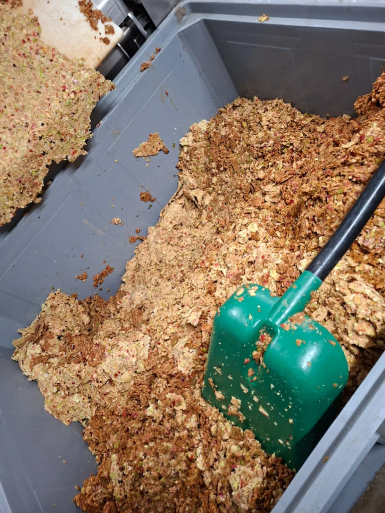 Gepresste Apfelreste, sogenannter Trester, in einem Sammelbehälter mit grüner Schaufel.